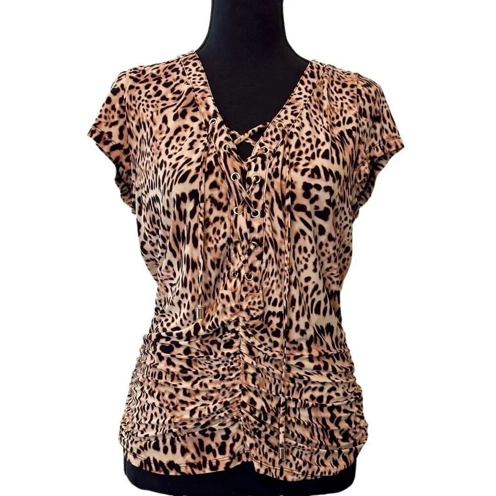 INC International Concepts Animal Print Lace-up Grommet Ruched Blouse Tan Small